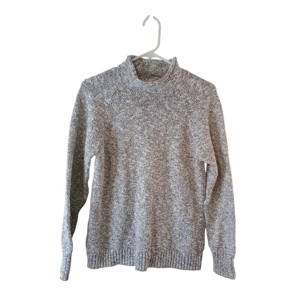 LL Bean Women's Size Medium White & Navy Mock Neck 100% Cotton Knit Sweater